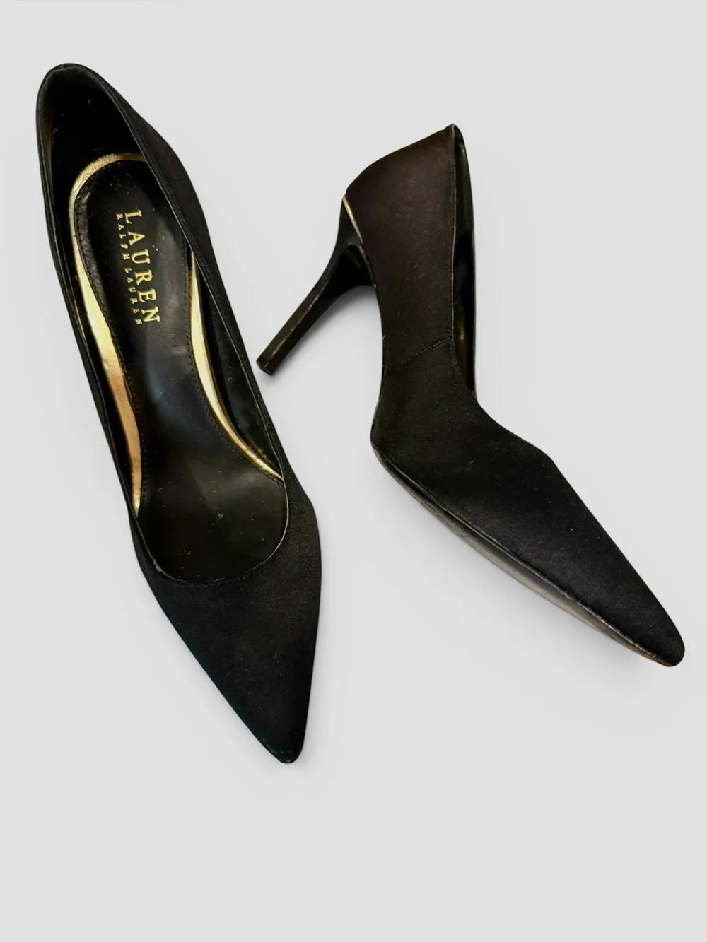 Lauren Ralph Lauren Black Satin Gold Trim Alani Pump 9B